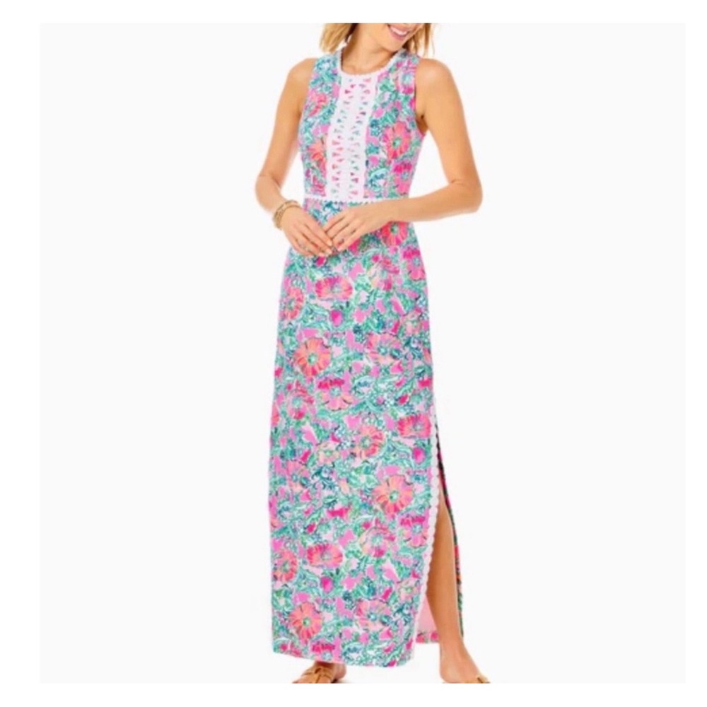 Lilly Pulitzer Pink Floral Sleeveless Ashlee Maxi Shift Dress Lace Trim Size 2